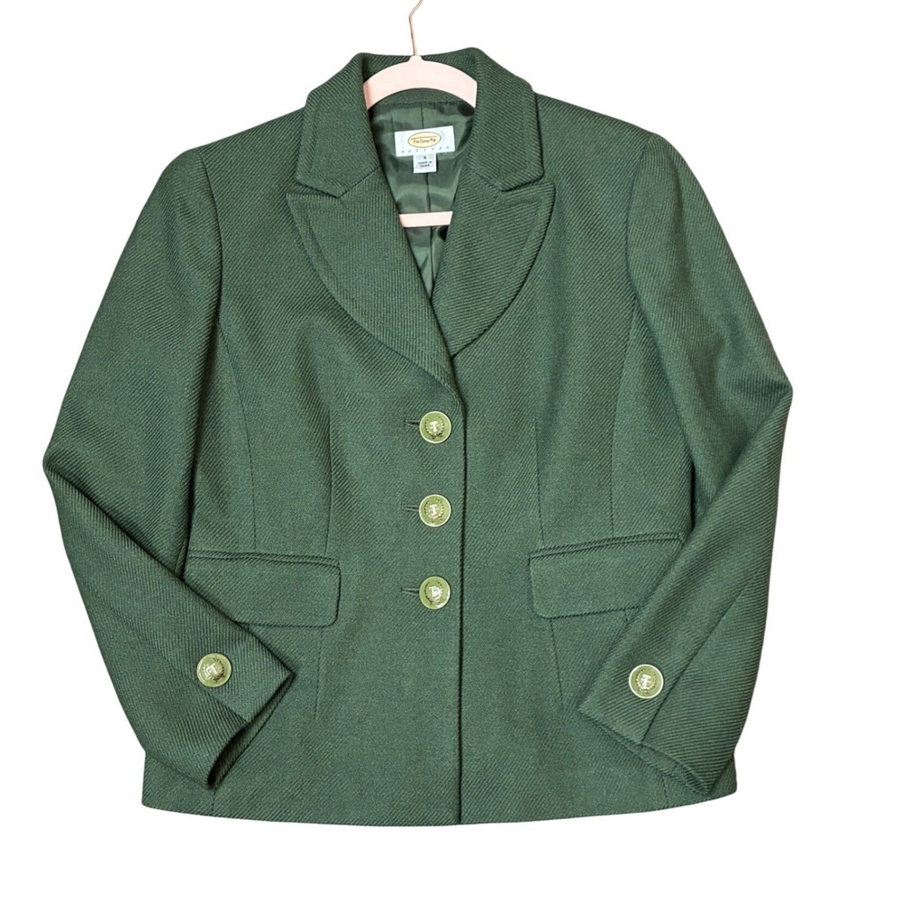 Talbots Petites Green 100% Wool Blazer Jacket Size 8P Sage Twill Crest Buttons